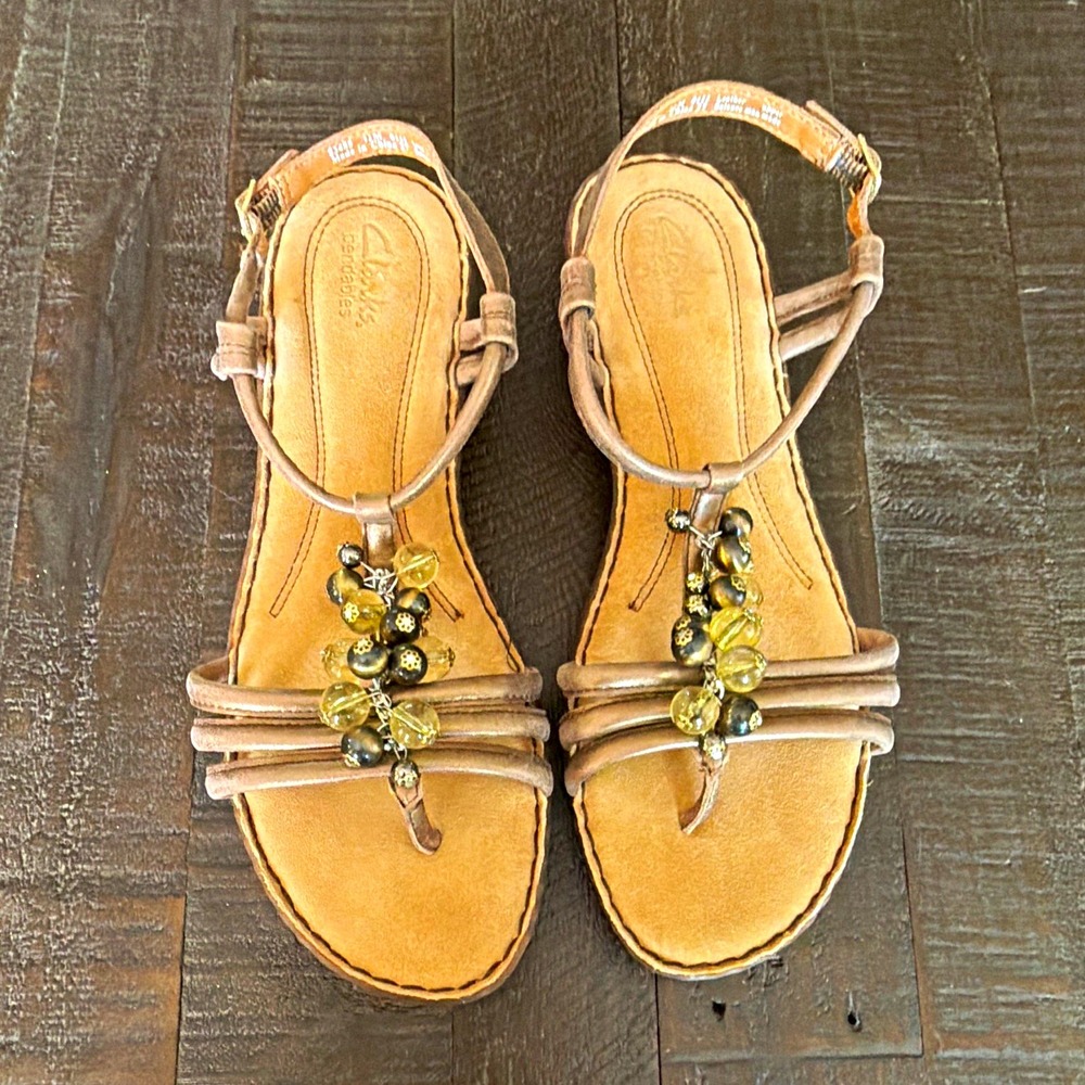 Clarks Women's Brown Leather Strappy Beaded Buckle Sandals US 11 M Boho Hippie